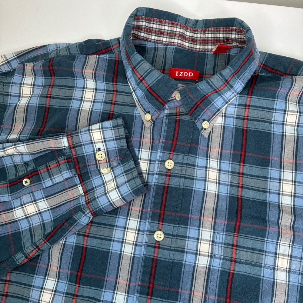 IZOD Heritage Tartan Mens Large Blue Plaid Long Sleeve Button Down Cotton Shirt